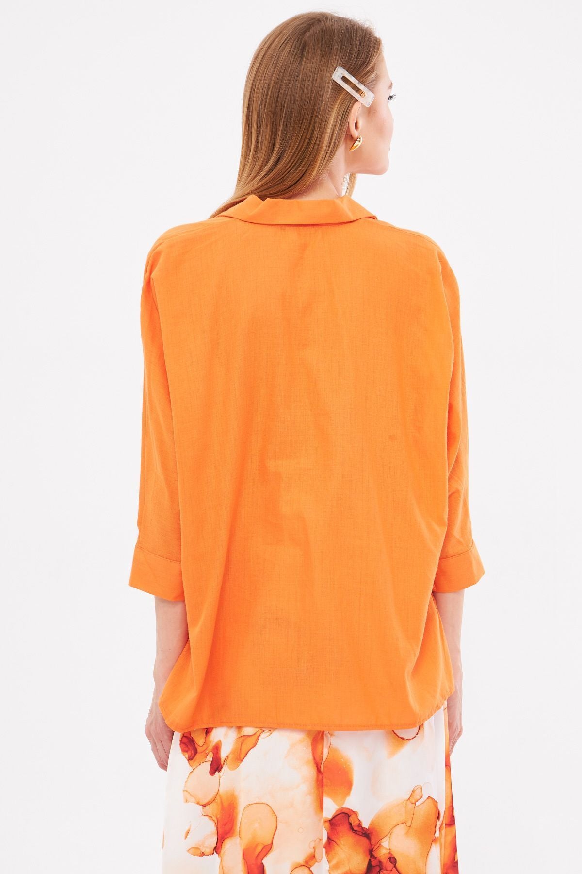 Women's Orange Pockets Salaş Linen Shirt ARM-21Y001035