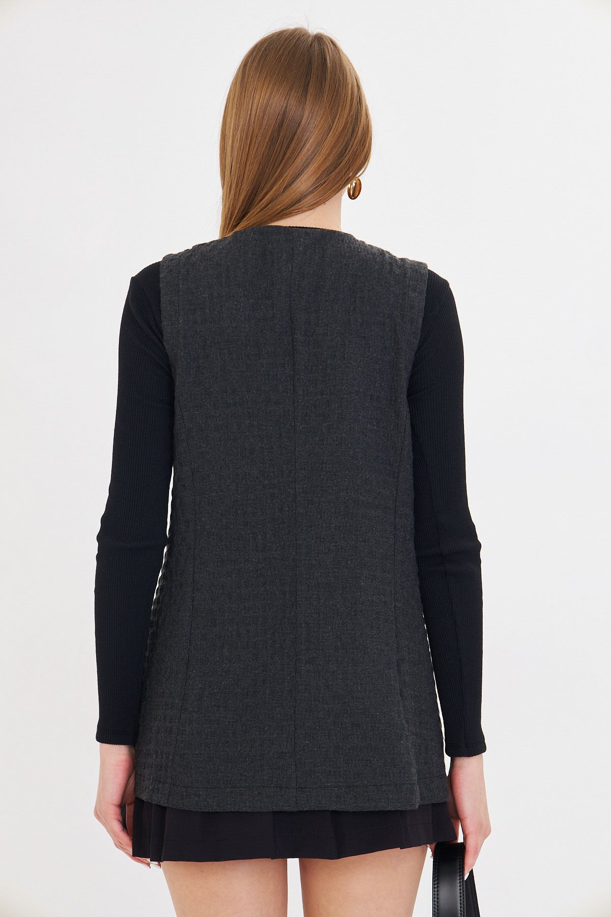 WOMEN'S SMOKED V-YAKA SINGLE buttoned Oversize Patterned Vest ARM-25K001110