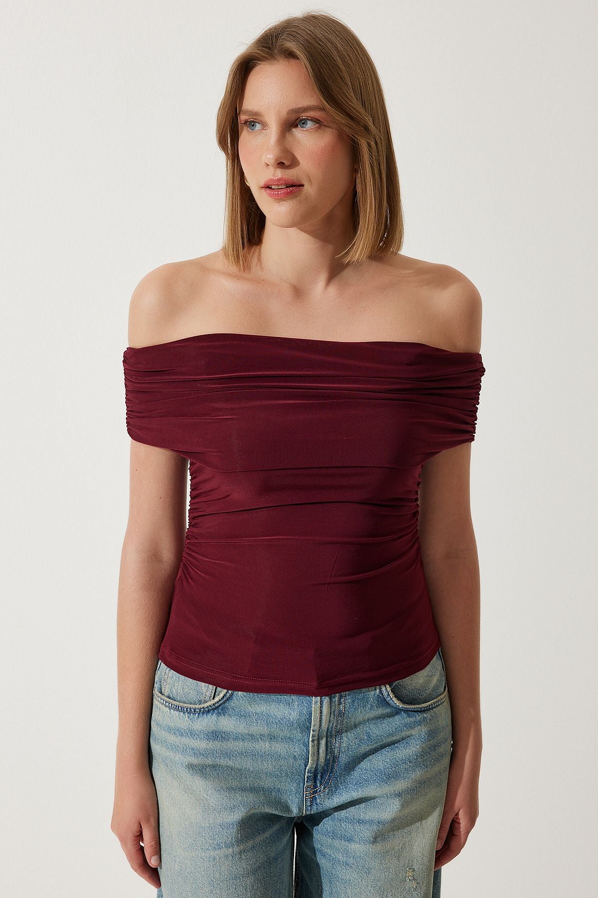 Woman Bordeaux Shirred Shoulder Sandy Blouse to00132