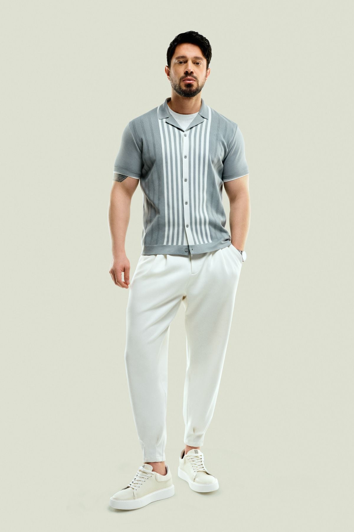 Men's White Classic Lumbar Pleated Knitting Smyrna Trousers A41y3075