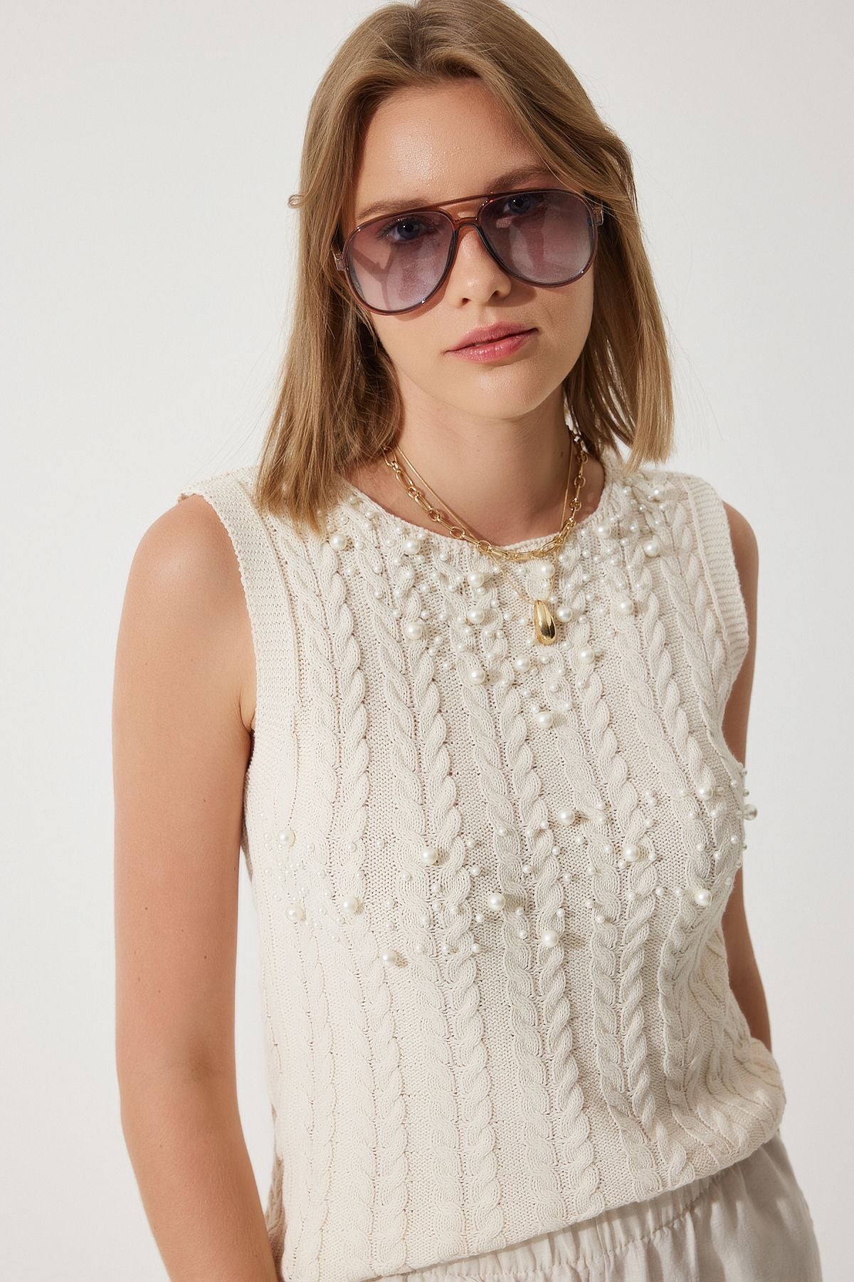 Women's Cream Glass textured summer knitwear sweater BV00118