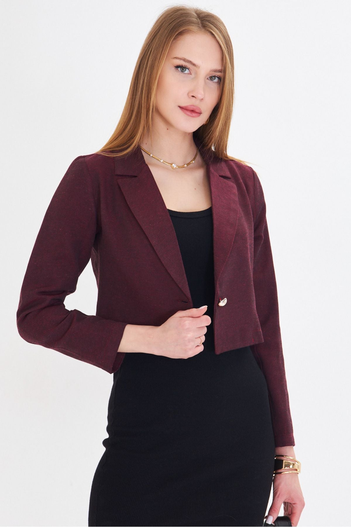 Women's Bordeaux Single button Crop jacket ARM-23Y001064