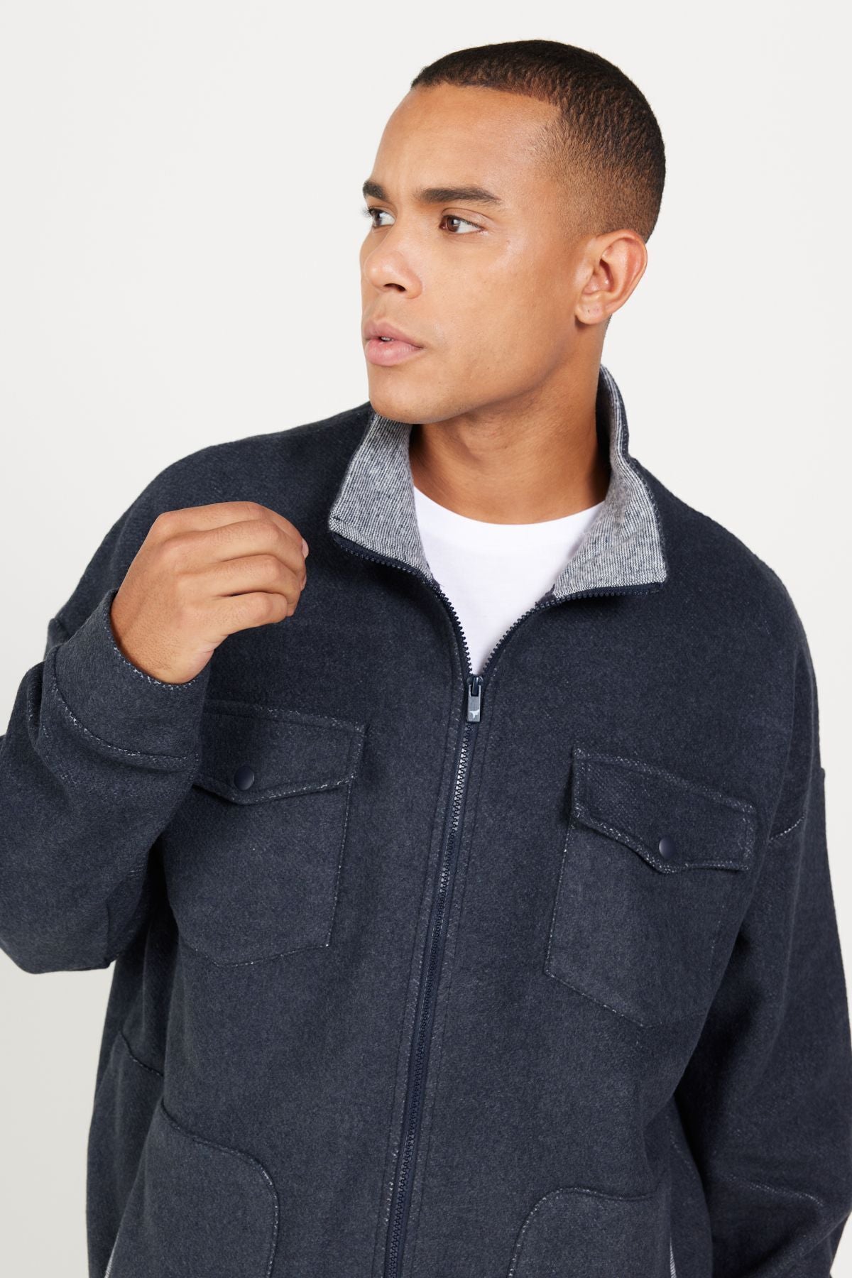 Men's Indigo Melanj Oversizle plenty of cut upright collar cotton patterned sweatshirt jacket