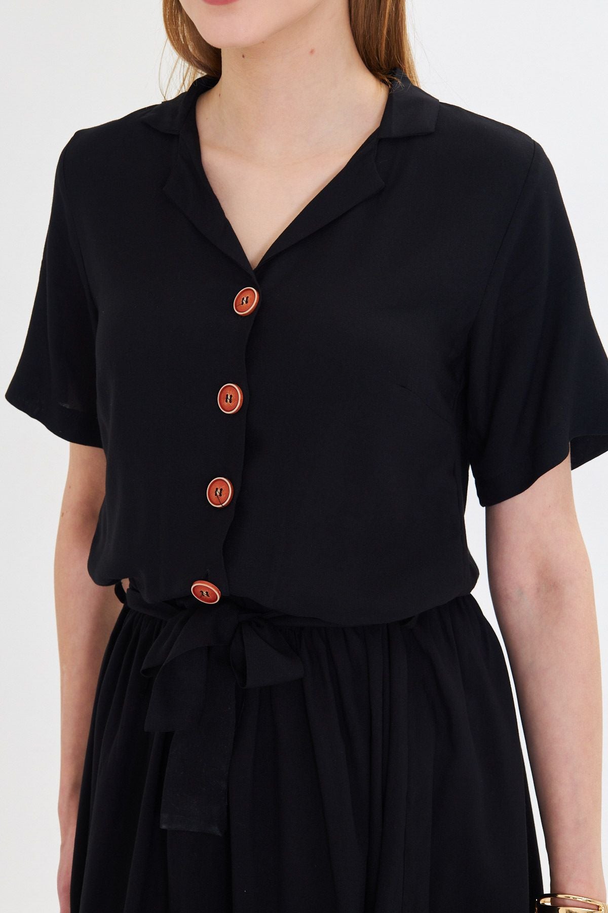 Female black front buttoned waist shirred belt midi size dress ARM-24Y001068