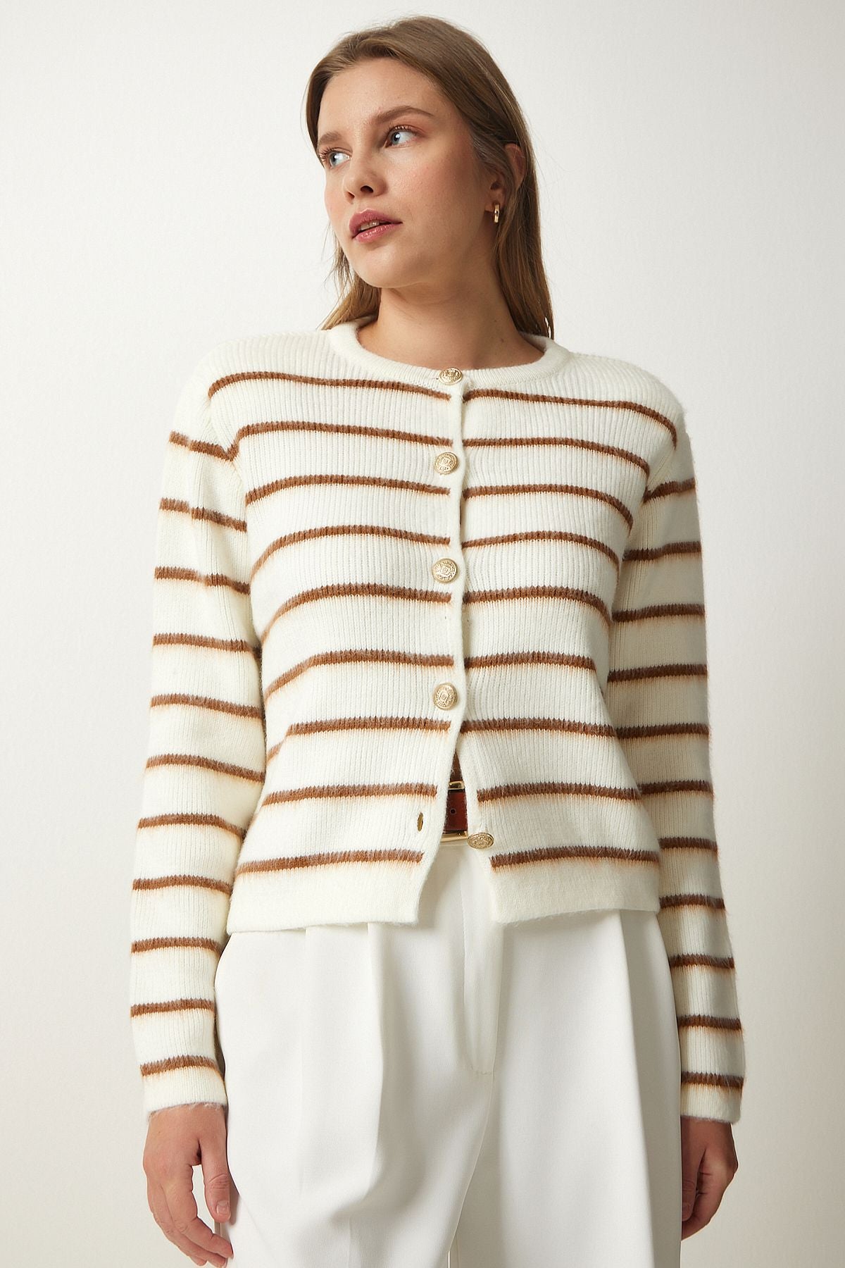 Woman Bone Brown Stylish button striped knitwear cardigan PF00051