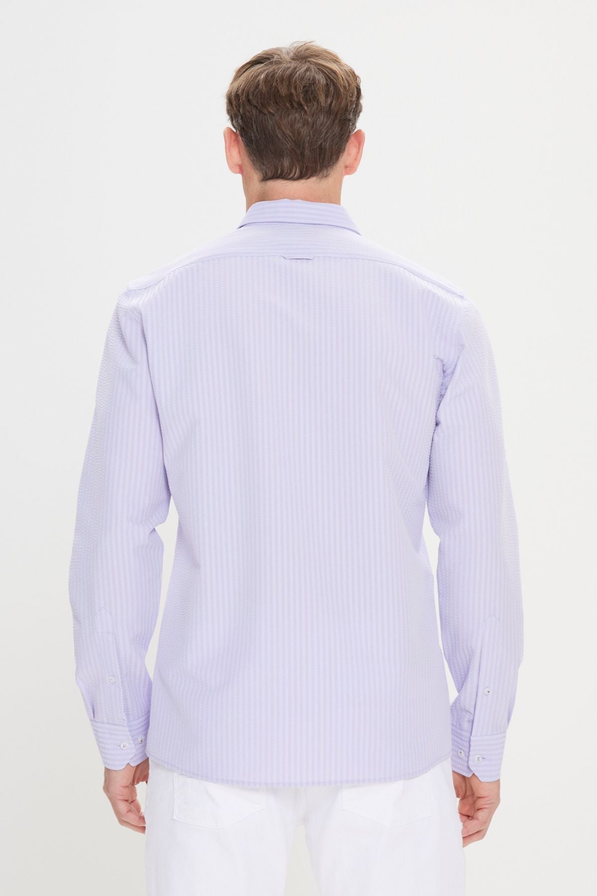 Men's lilac Easy to ironed wafer patterned oxford slim fit narrow -cut button collar flexible shirt