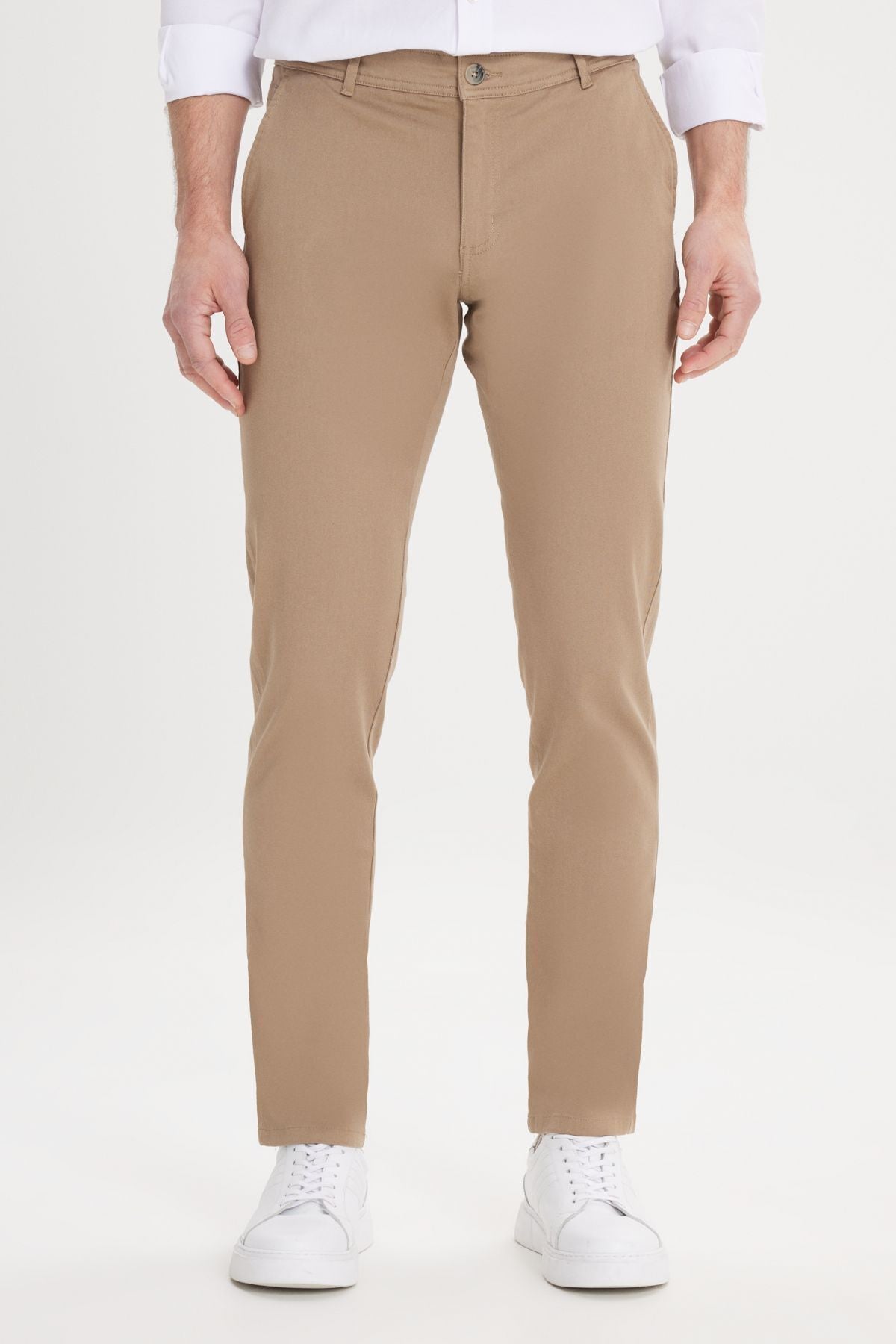 Erkek Camel Kanvas Slim Fit Dar Kesim Yan Cep Esnek Chino Pantolon