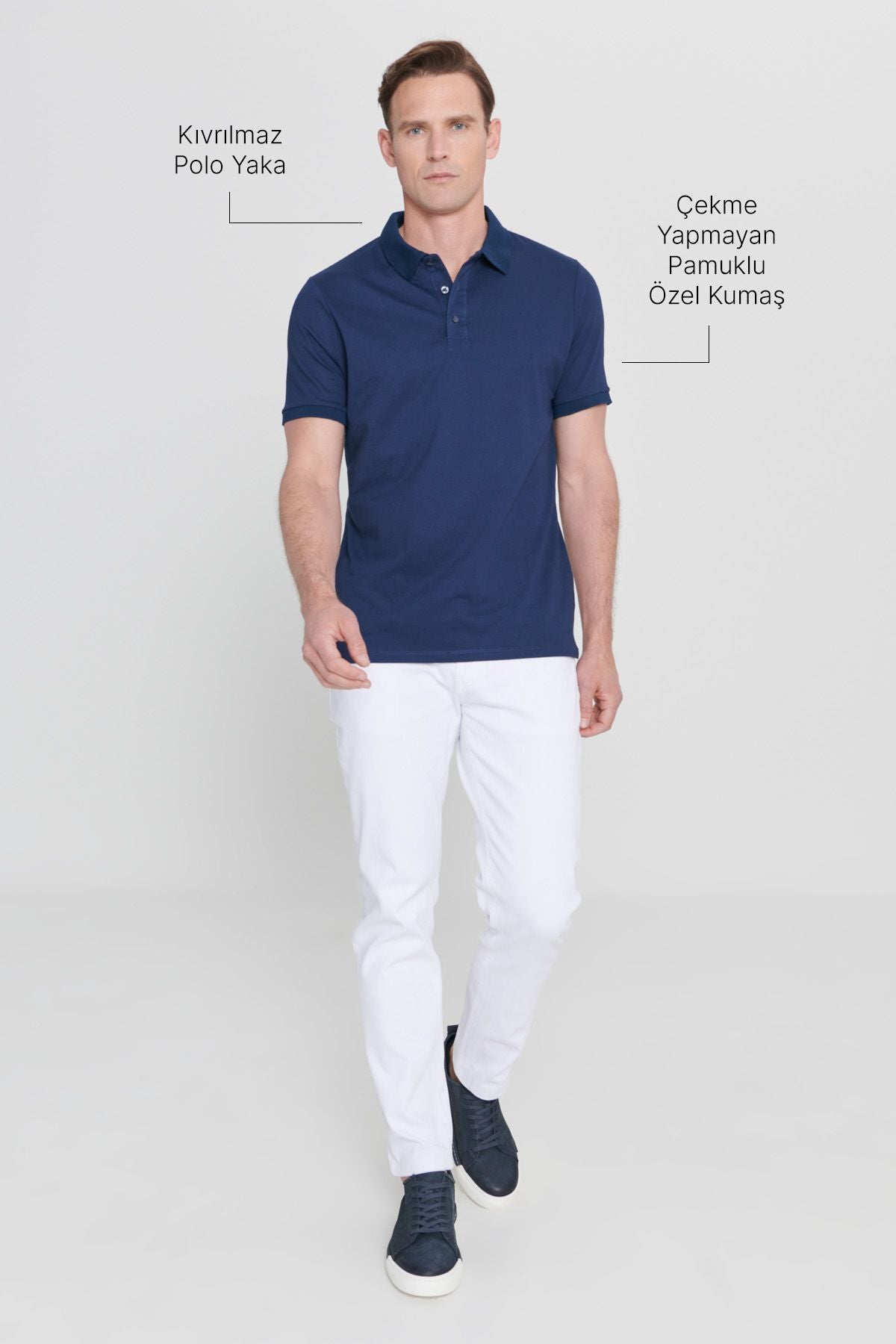 Erkek Çekmeyen Pamuklu Kumaş Slim Fit Dar Kesim Lacivert Kıvrılmaz Polo Yaka Tişört