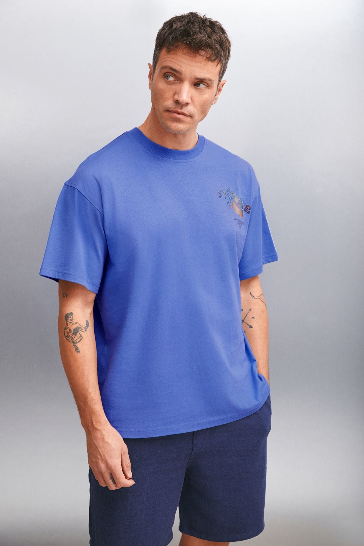 Phıllıp Men's Oversizle Fit 100 %Cotton Thick textured printed blue t-shirt