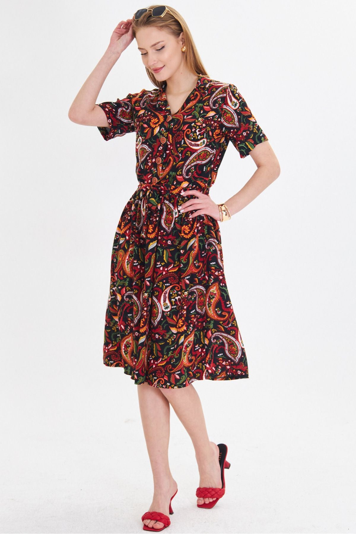 Female Mercan front buttoned waist shirred belt midi size dress ARM-24Y001068