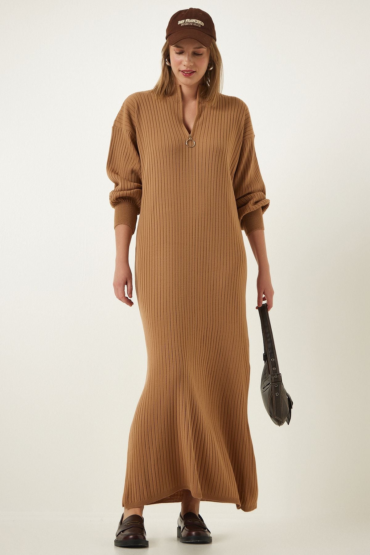 Female Biscuit Zippered Neck Vumor Long Knitwear Dress DD01295