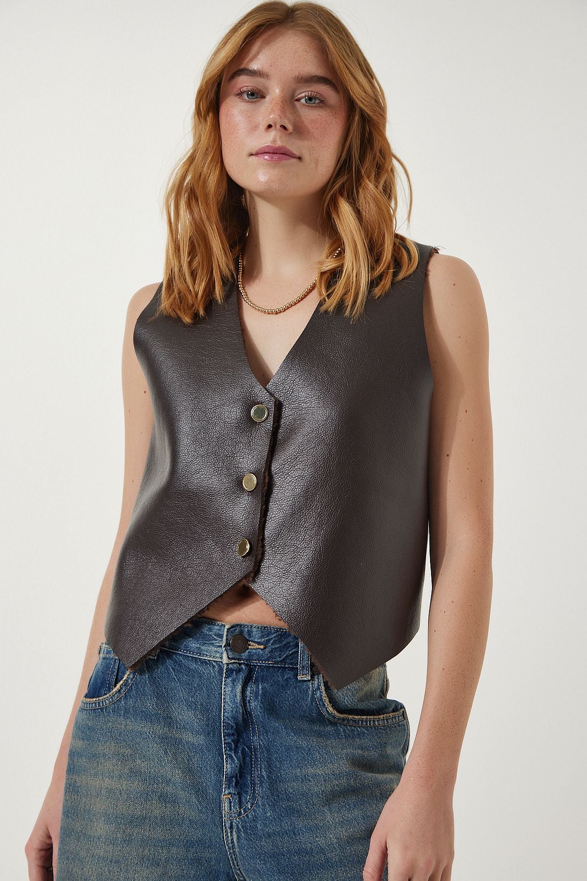 Female Brown Polar Artificial Leather Vest Tp00019
