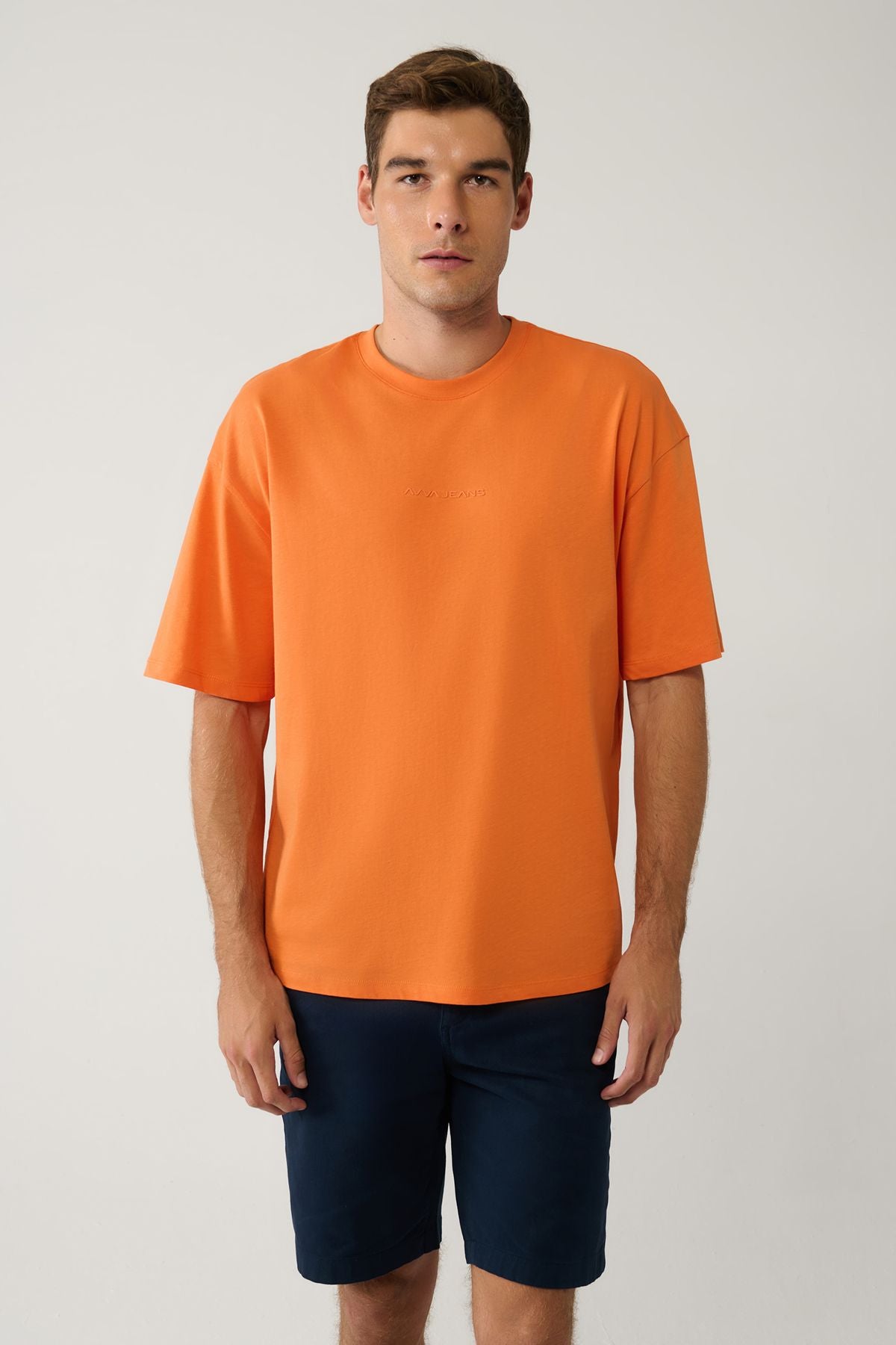Men's Orange Bicycle Collar Printed 100 %Cotton T-Shirt E001037