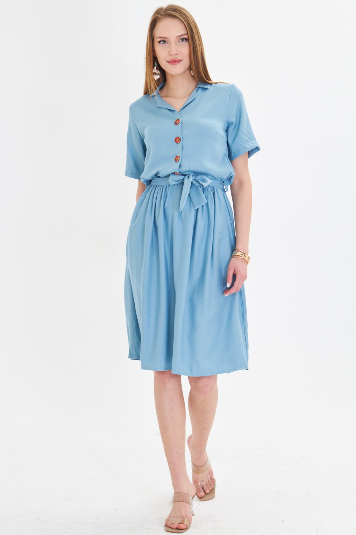 Woman Indigo front buttoned waist shirred belt midi size dress ARM-24Y001068