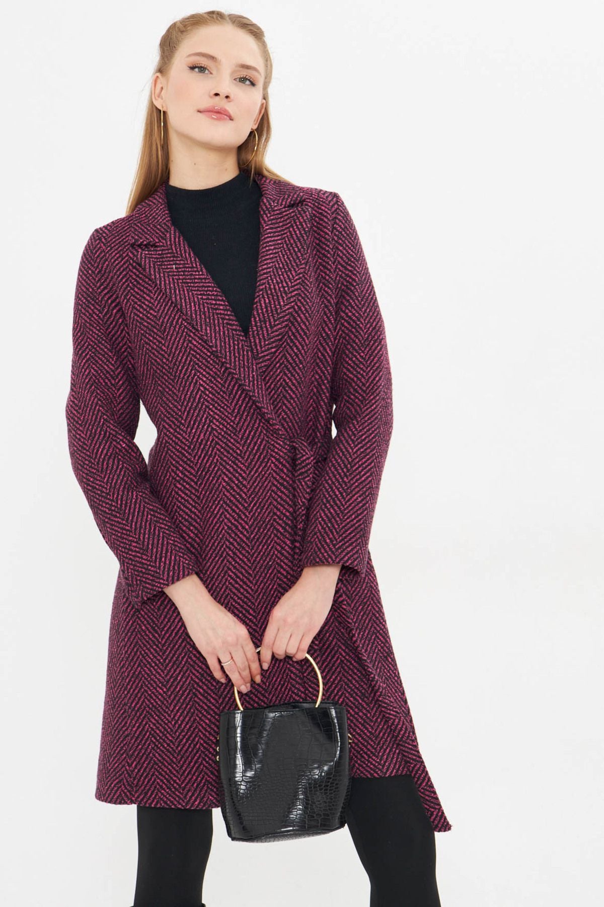 Women's Fuchsia side-binding fish back pattern long stamp coat ARM-24K001010