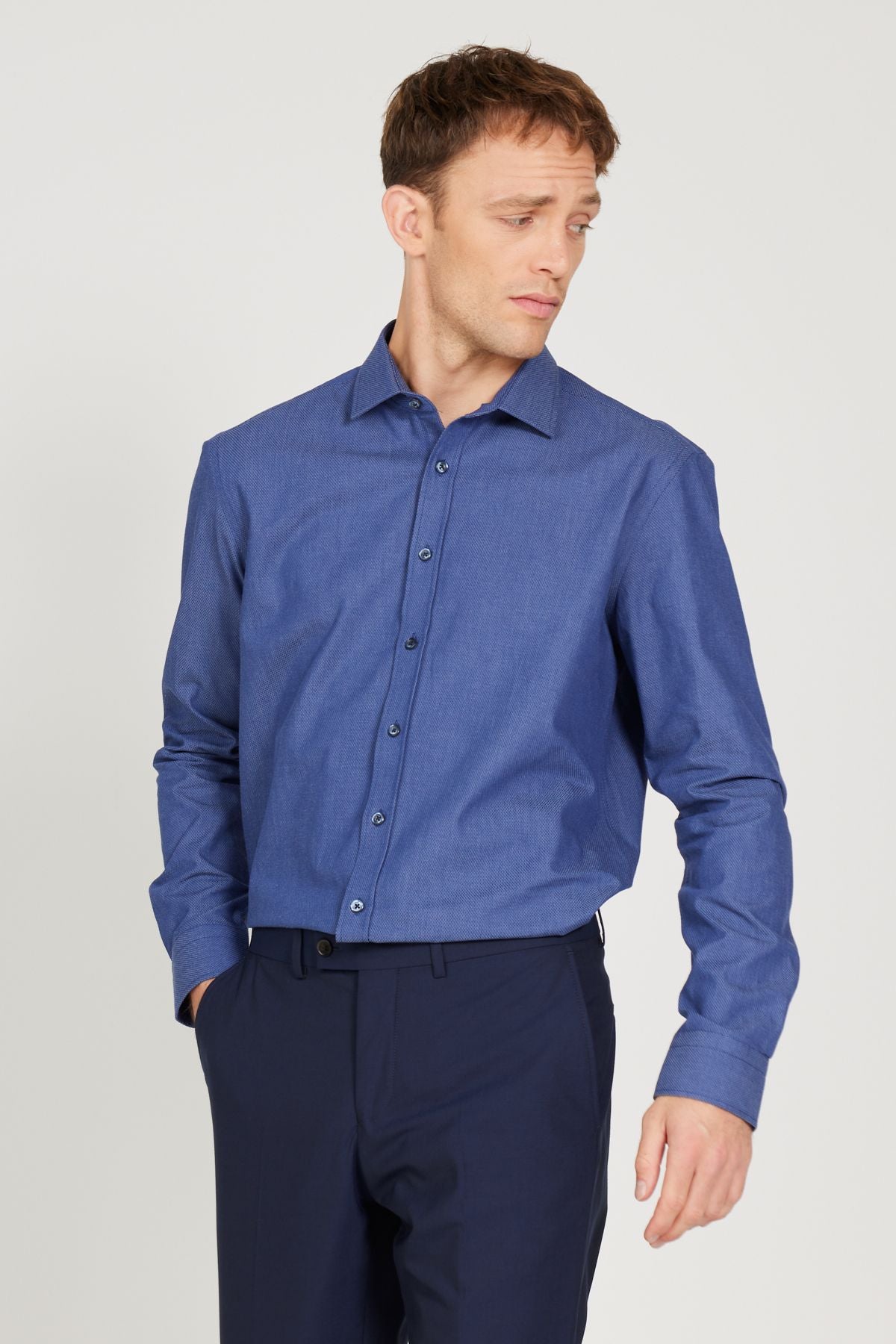 Men's Navy Blue-Mavi Slim Fit Narn Cut Classic Neck 100 %Cotton Amelor Shirt