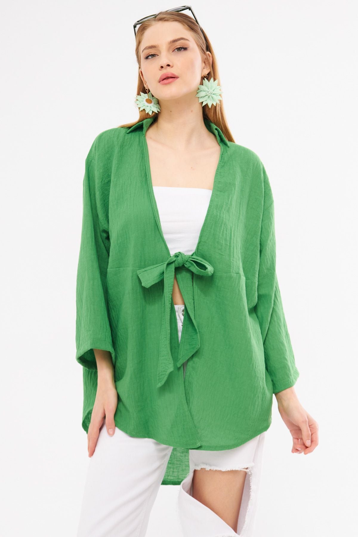 Female green linen-looking front-binding kimono shirt ARM-24Y001063