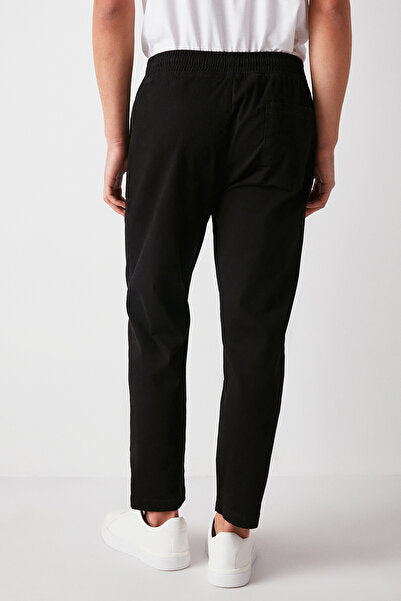 Reese Men's Comfortable Fit Elastic Waist Woven Cotton Elastane Fabric Washed Black Trousers