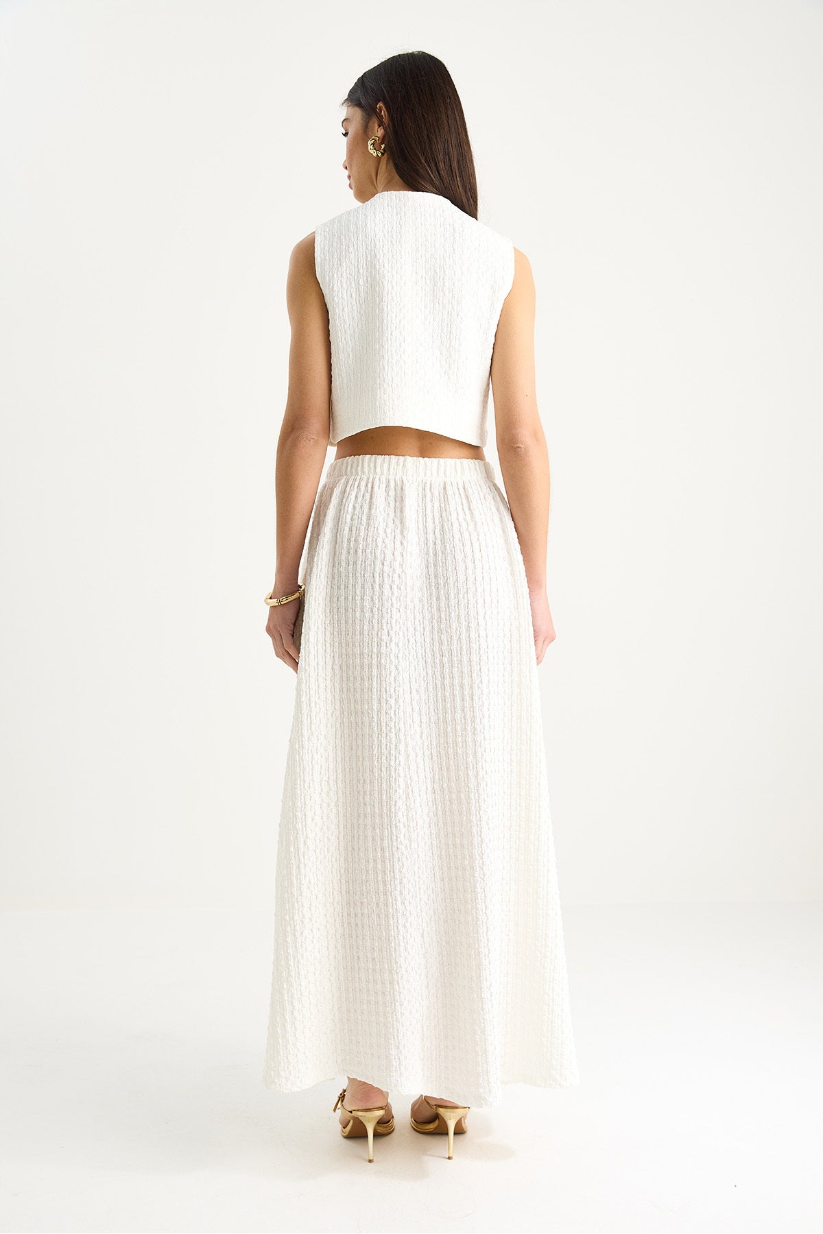 Women's Crop Vest, Elastic Waist, Pocket Detail, Long Skirt, Top and Bottom Seersucker Suit 4006 60283371