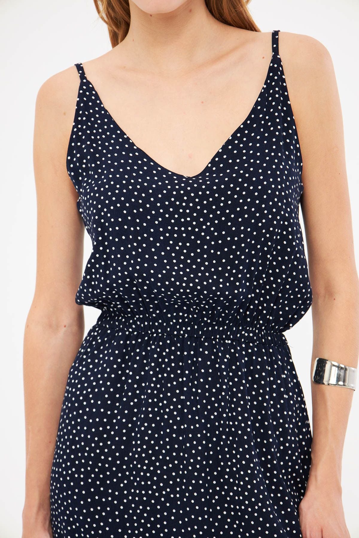 Female navy blue strap V-neck waist tire midi height patterned cloch dress ARM-24Y001103