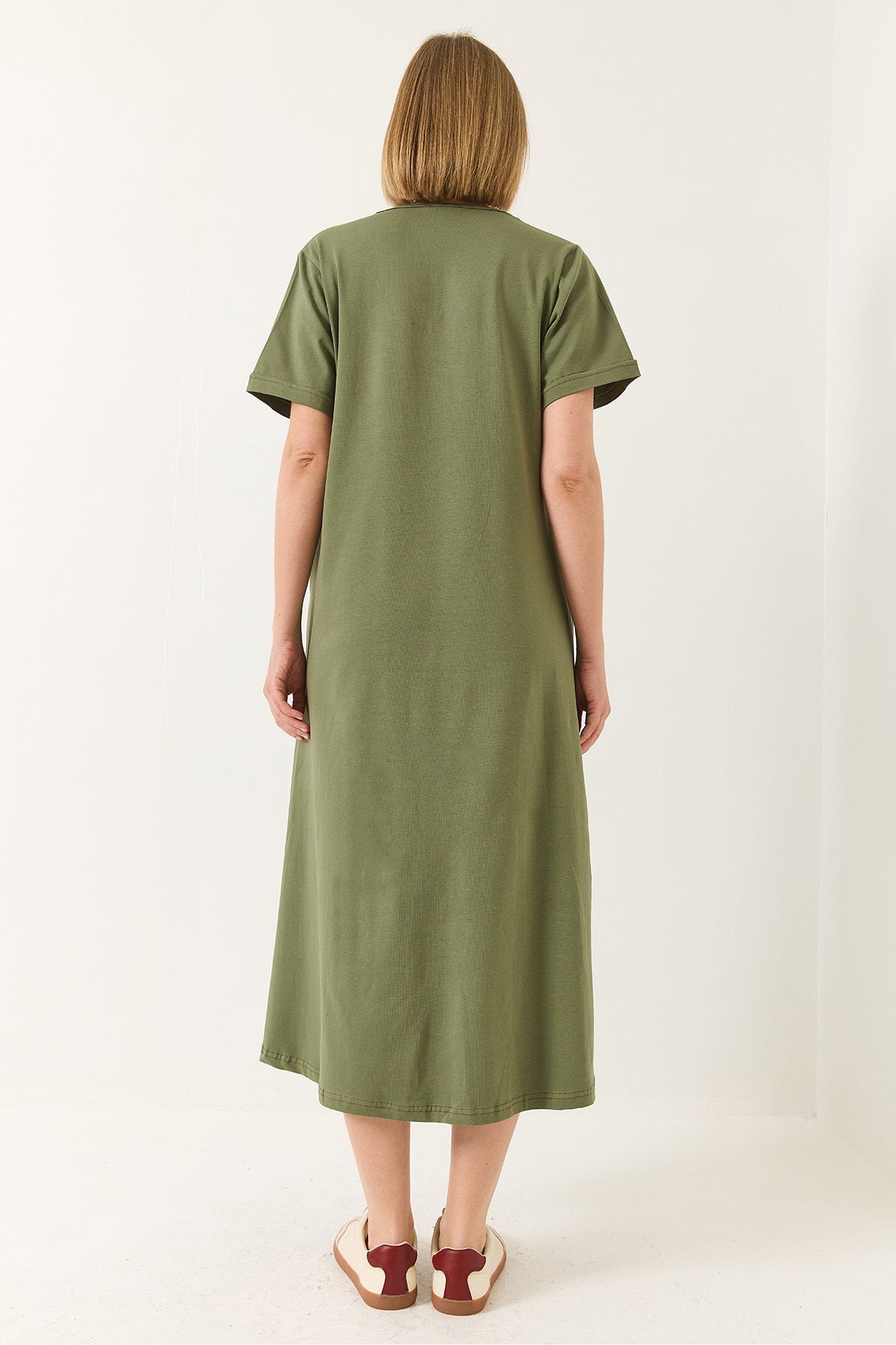 Women's V-Neck Short Sleeve Pocket Detailed Long Basic Dress 60283193