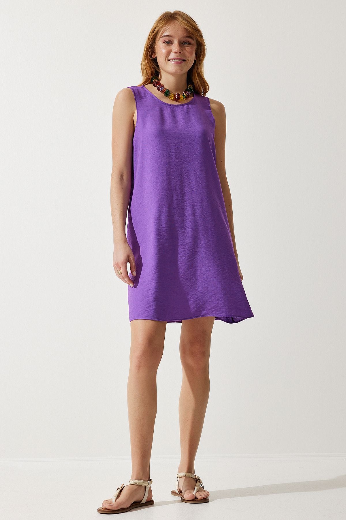 Woman purple sleeveless linen viscose bell dress jh00005