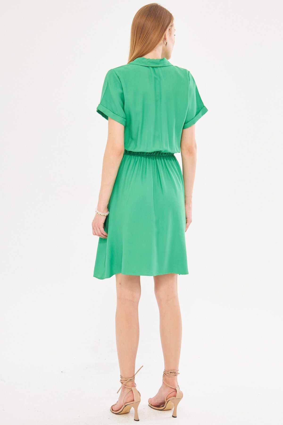 Woman Light Green Waist Tire Short Sleeve Shirt Dress ARM-23Y001035