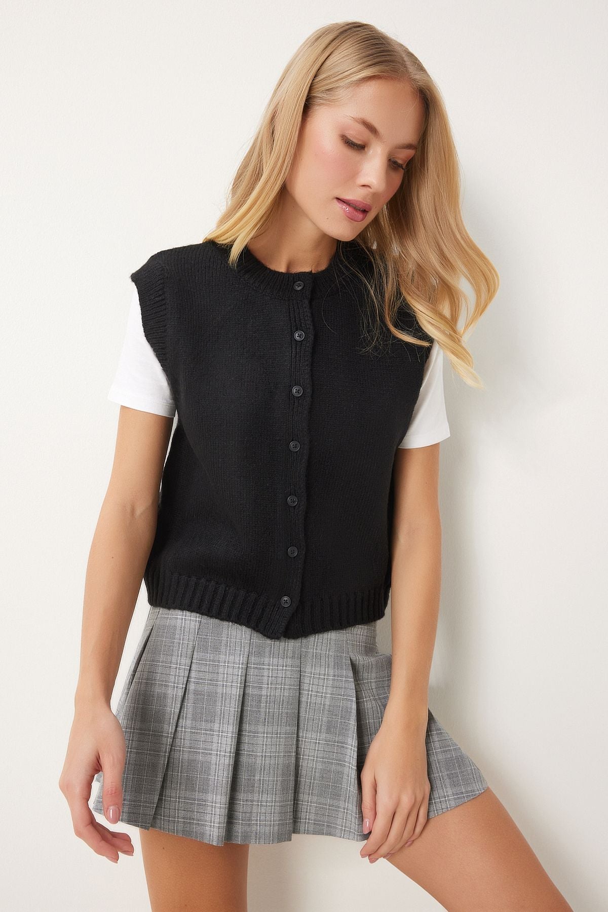 Women's black bike collar button knitwear vest US00947