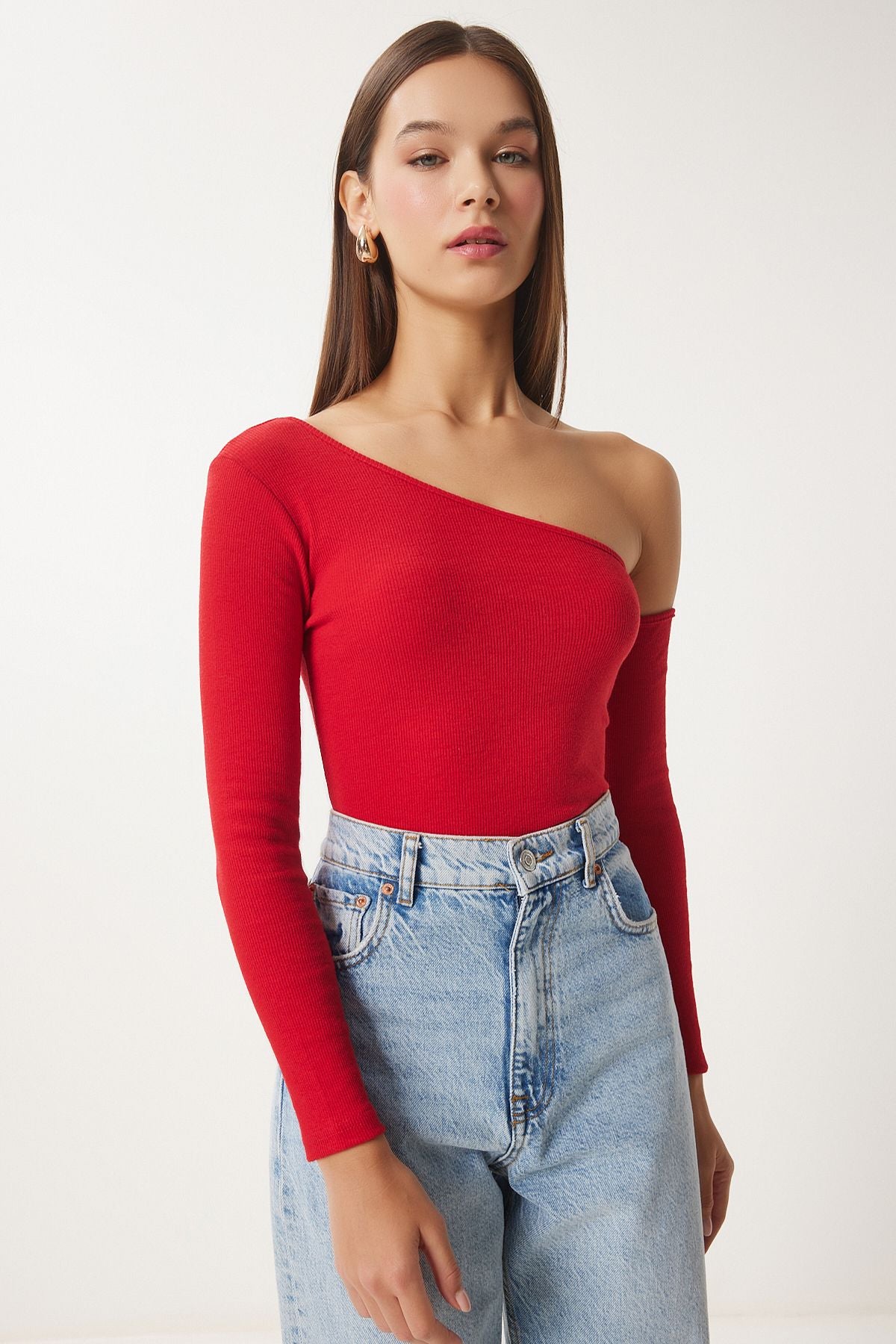 Kadın Kırmızı Açık Omuzlu Fitilli Örme Bluz TG00011
