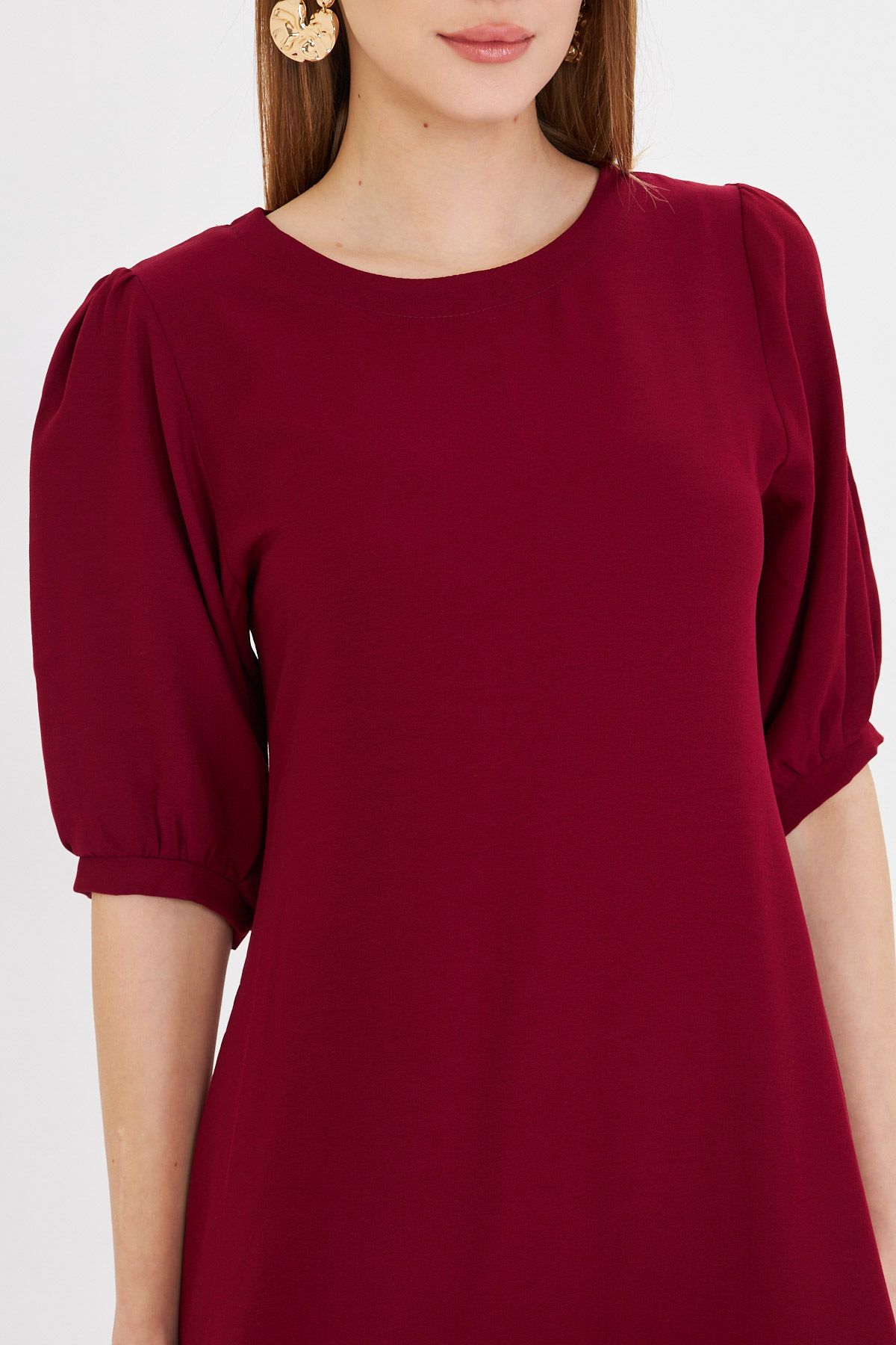 Female Bordeaux Zero Yaka Quarter Sleeve Skirt Volan Dress ARM-25Y001007