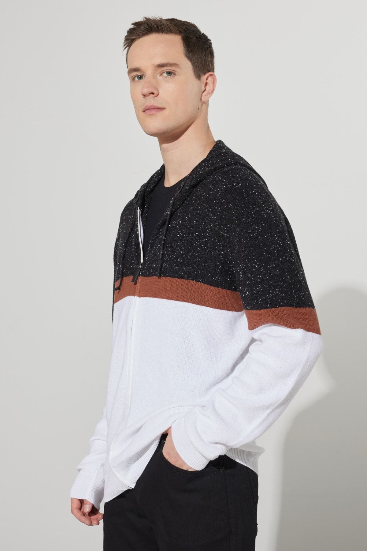 Men's anthracite-Ekru standard fit normal cutting hooded 100 %cotton knitwear cardigan