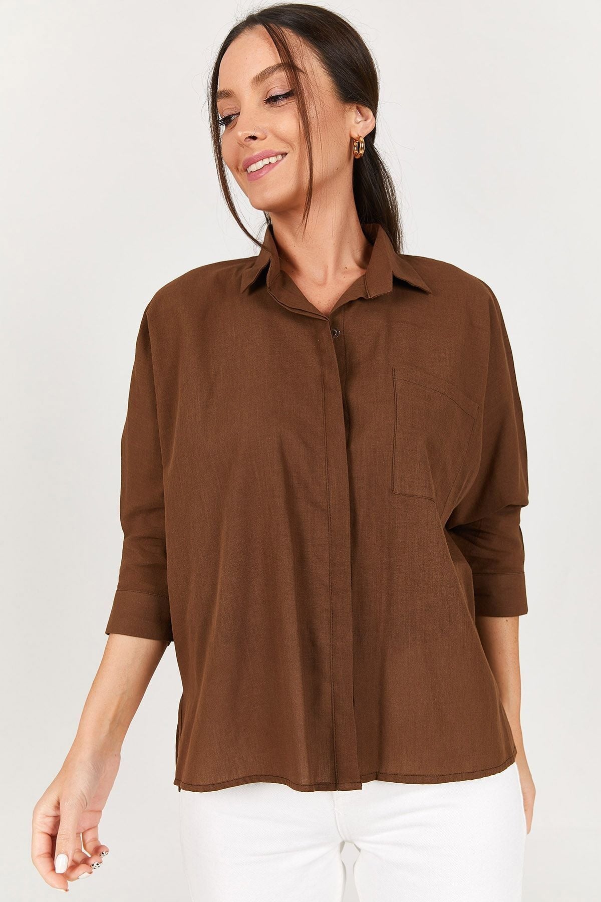 Women's coffee pocket shabby linen shirt ARM-21Y001035