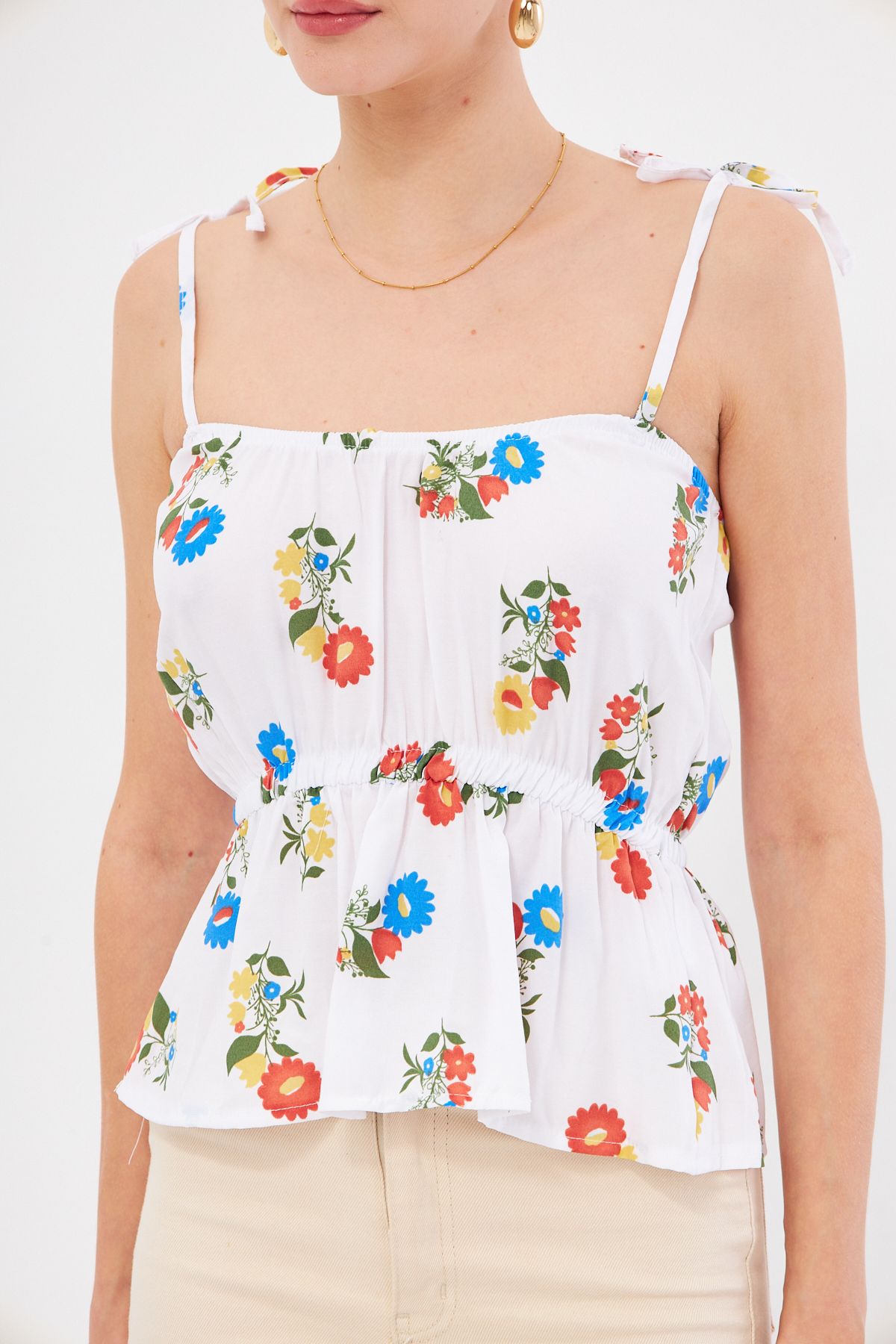 Female White Patterned Waist Waist Hangers Connect Detailed Strapless Crop blouse ARM-24Y001116