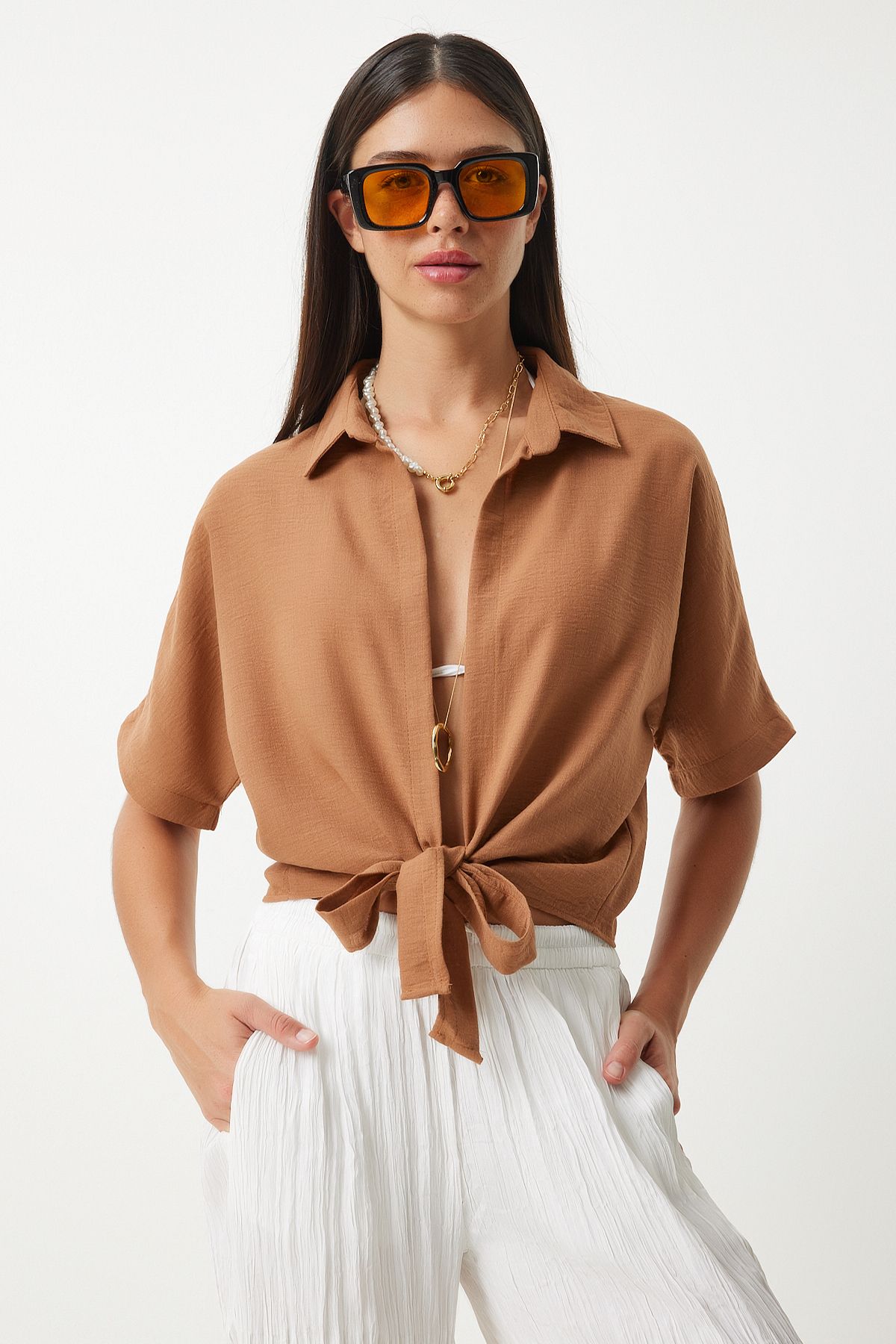 Woman Camel Binding Detailed Linen Blouse MX00151