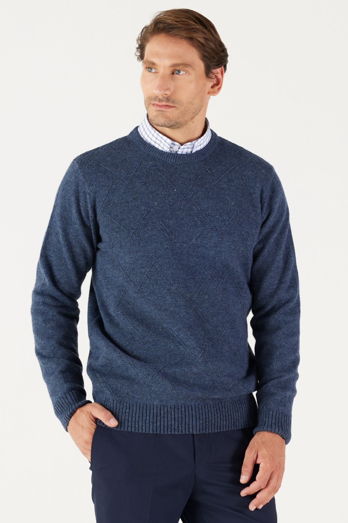 Men's Avaş Blue Standard Fit Normal Cut Normal Class Bike Jacquari Knitwear Sweater