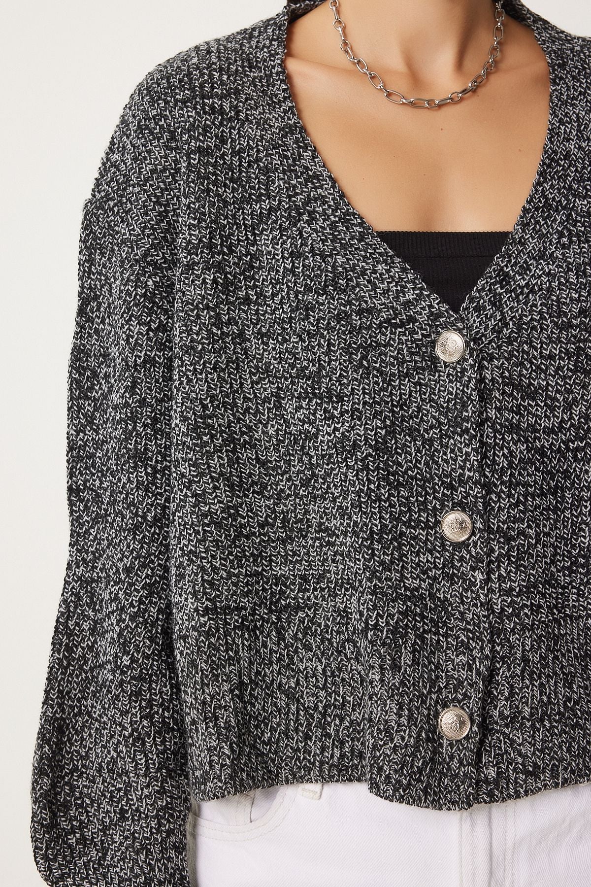 Women's Gray Melanj Kırçıllı V neck knitwear cardigan FN03338