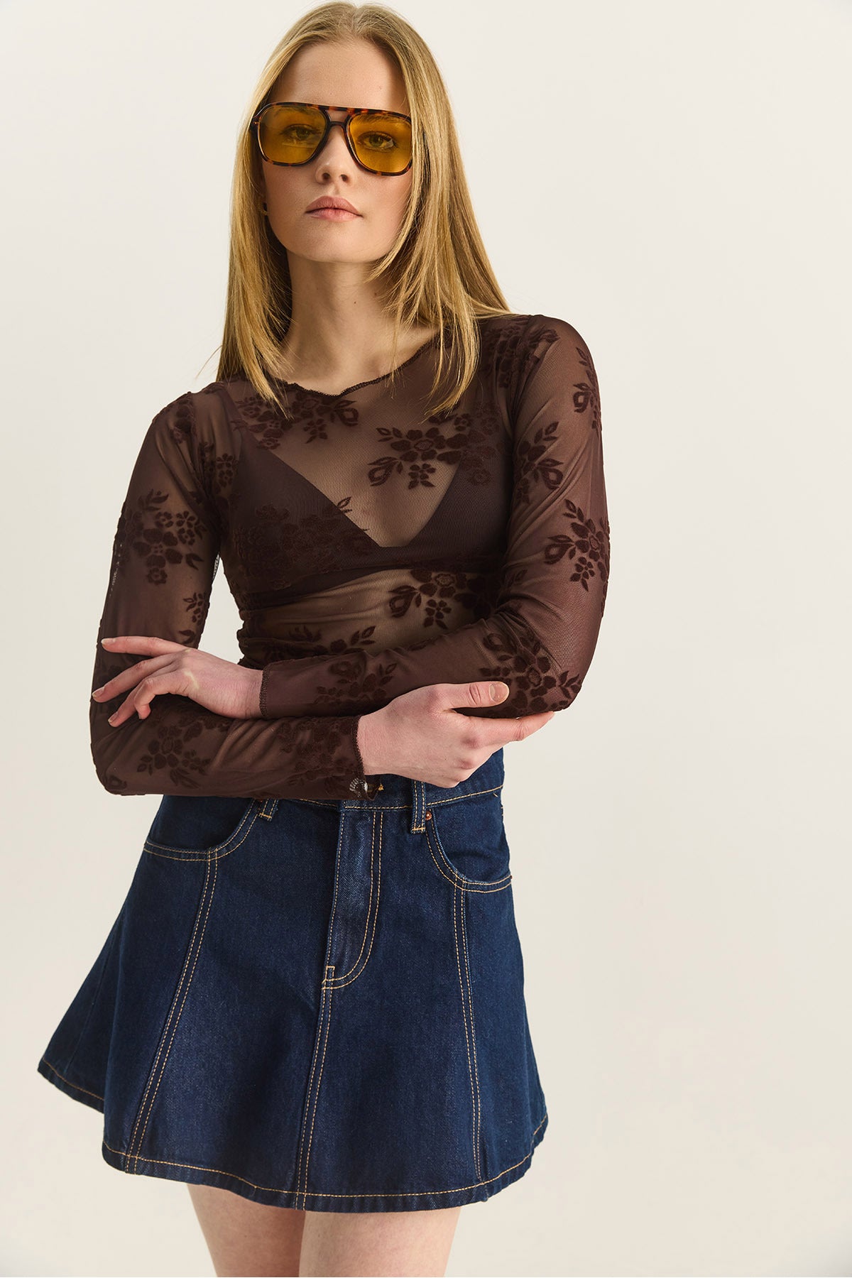 Women's Crew Neck Gathered Sides Patterned Transparent Tulle Blouse 6114 60283926