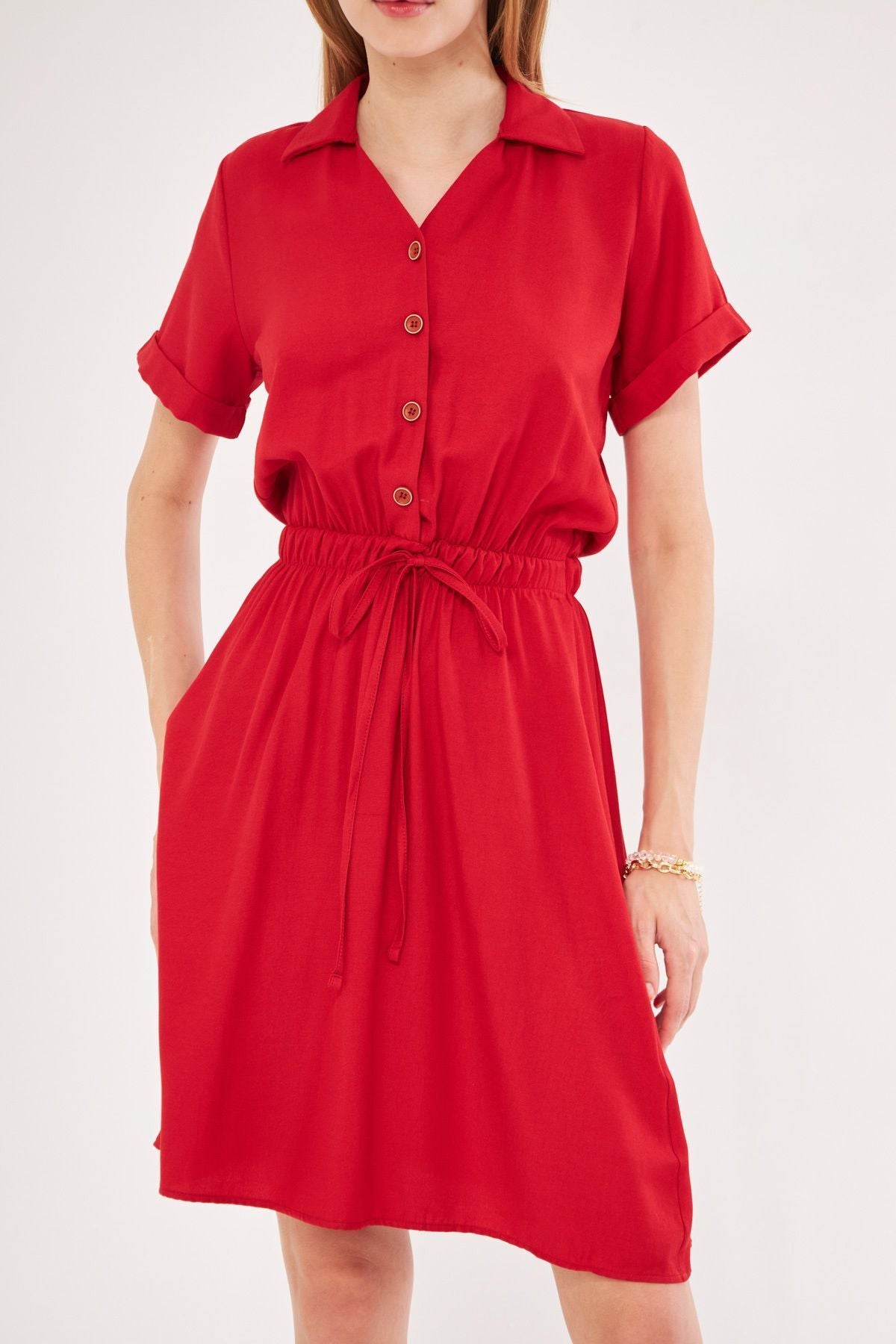 Woman Red Waist Tire Short Sleeve Shirt Dress ARM-23Y001035