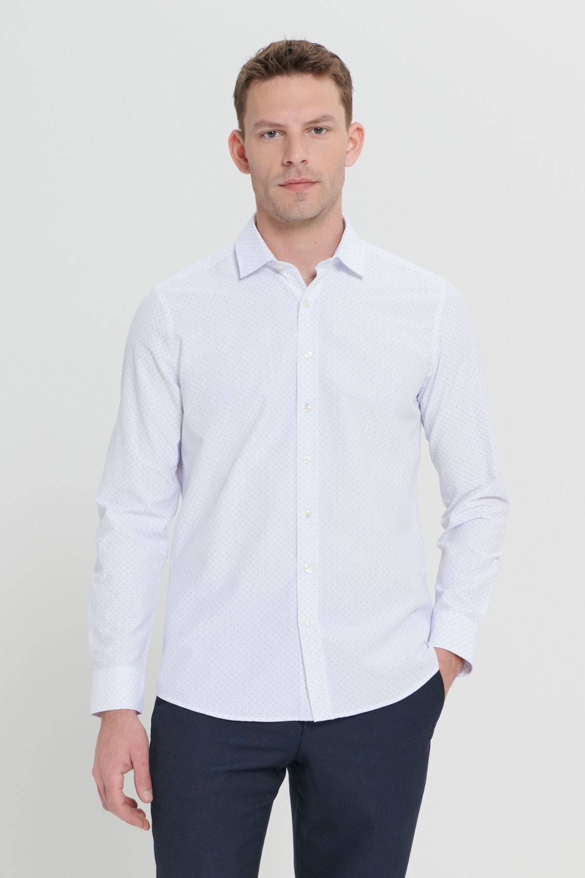 Men's white-blue slim fit narrow cut classic collar cotton Cotton Amelor Shirt