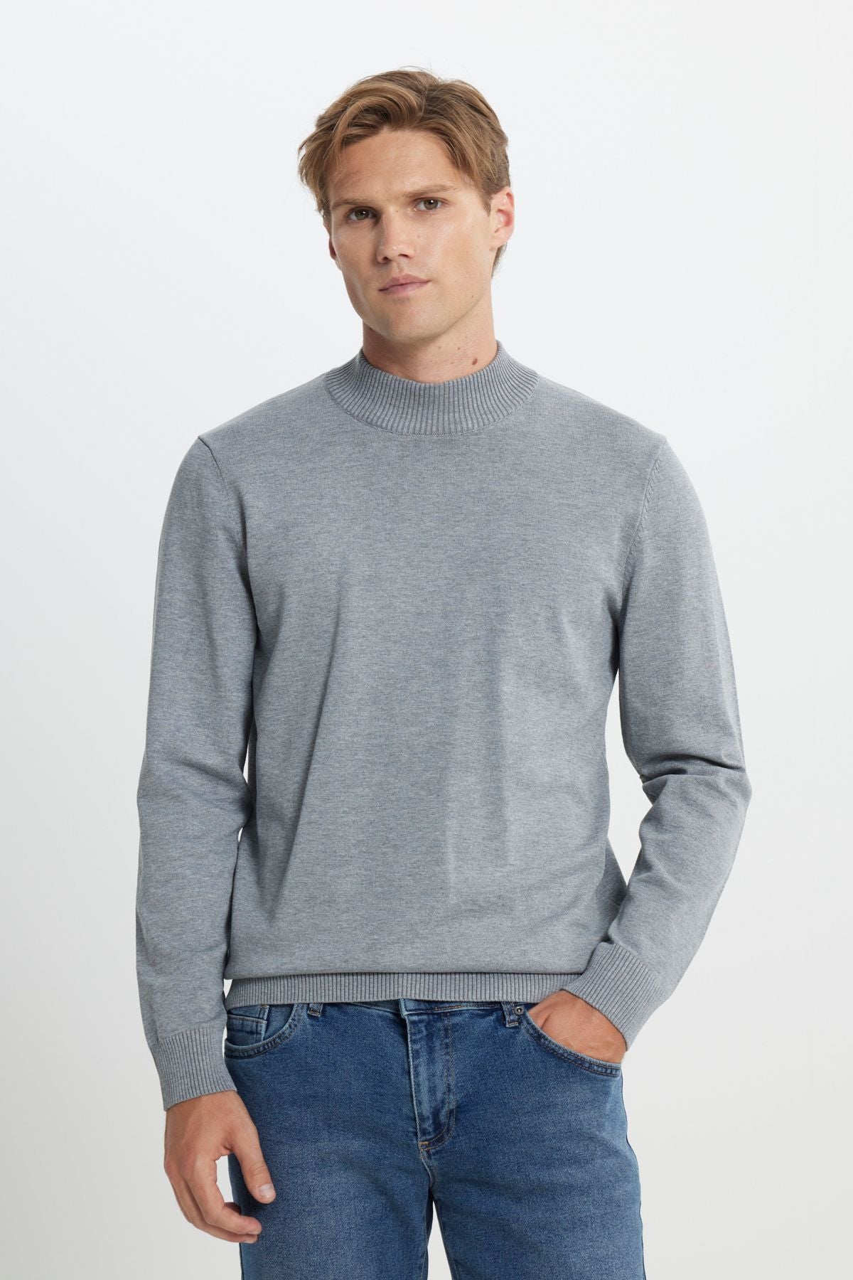 Men's gray melange standard fit normal cut half fisherman collar knitwear sweater