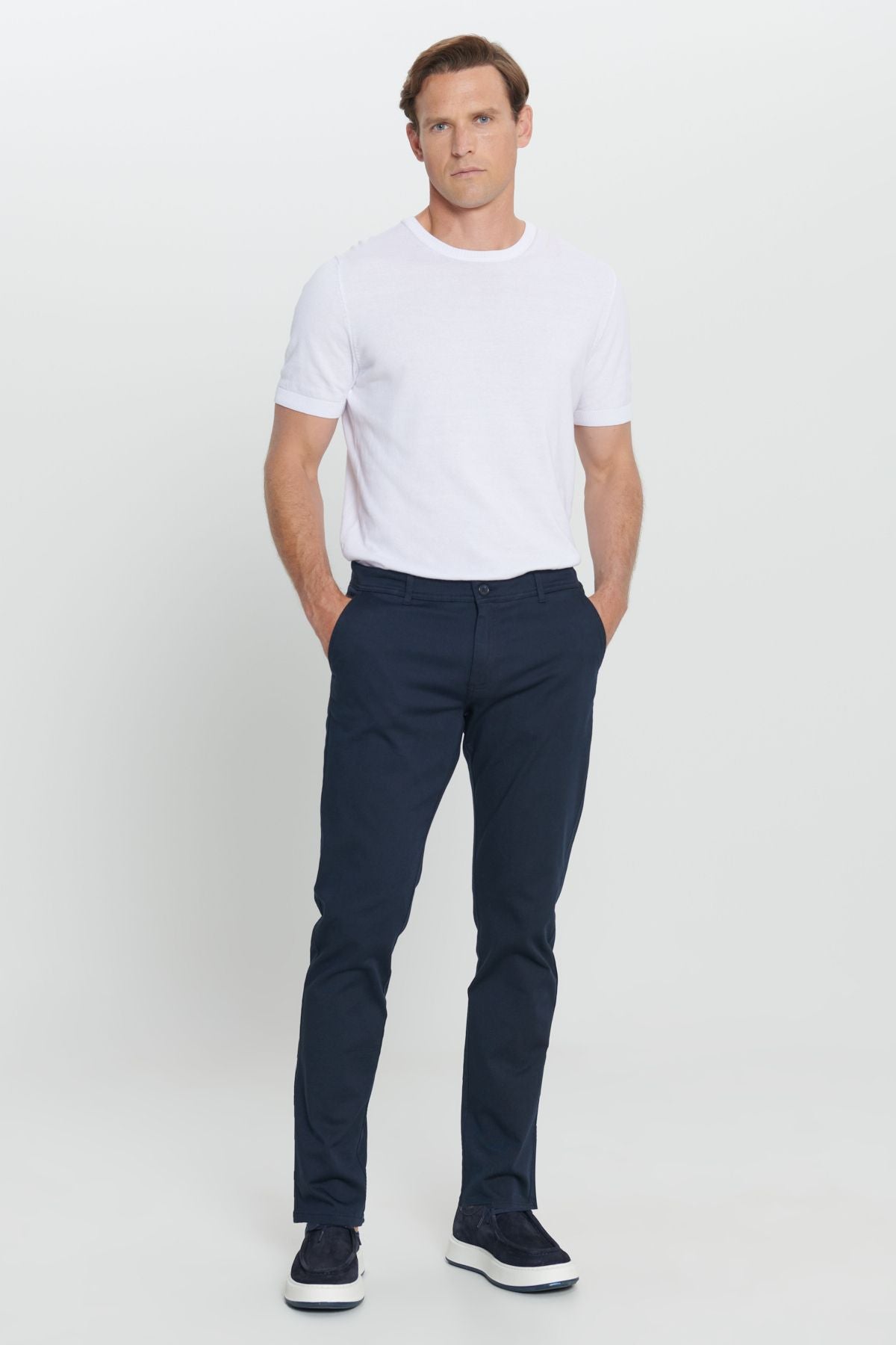 Men's navy blue slim fit narrow -cut cotton flexible chino pants