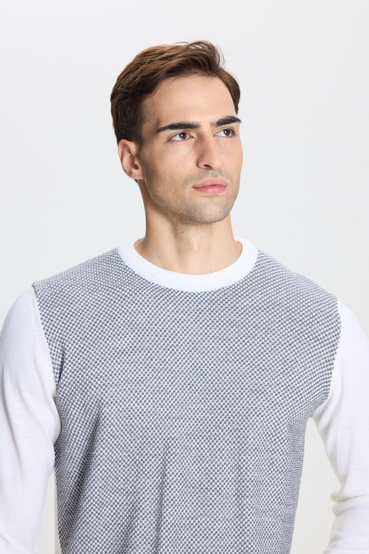 Men's ecru-gray standard fit Normal Cut Bike Cycling Jacquari Knitwear Sweater