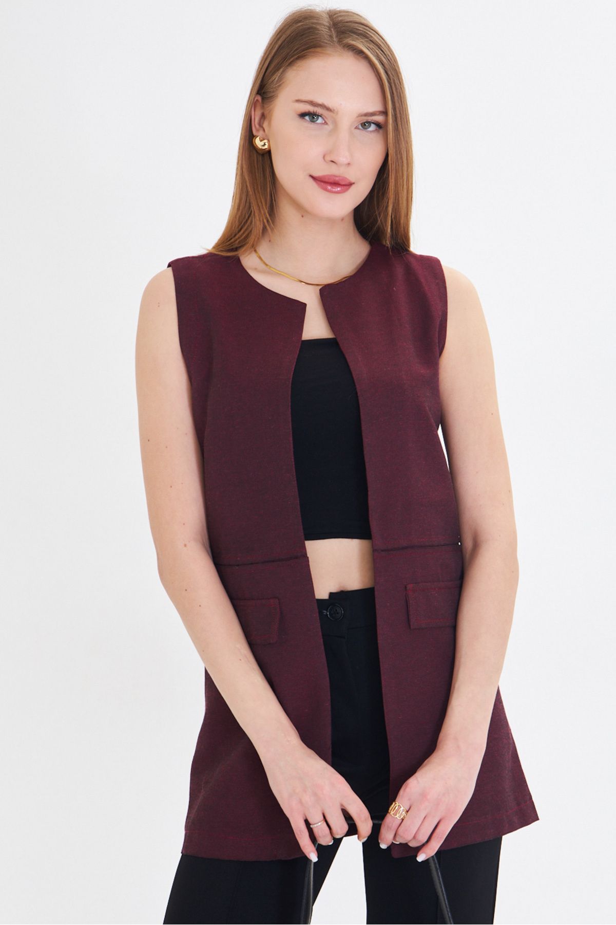 Women's Bordeaux zero collar sewing detailed vest ARM-25Y001019