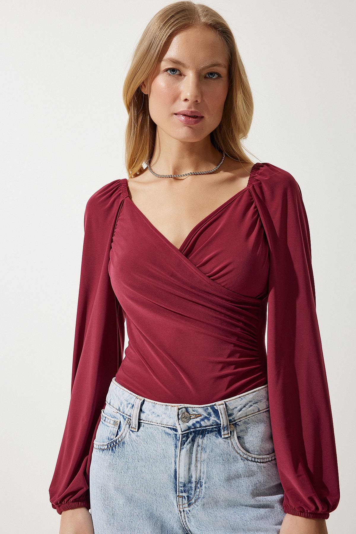 Female cherry elastic balloon sleeve sandy knit blouse FF00154