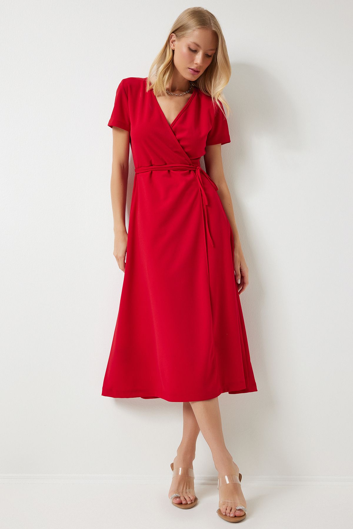 Woman Red V -Yaka Anvelop Midi Knitting Dress to00134