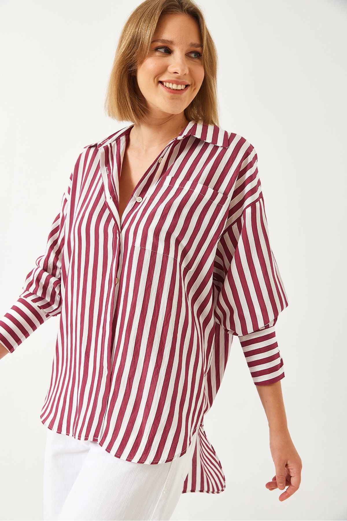 Female Single Pocket striped Oversize Shirt G1008 60261157