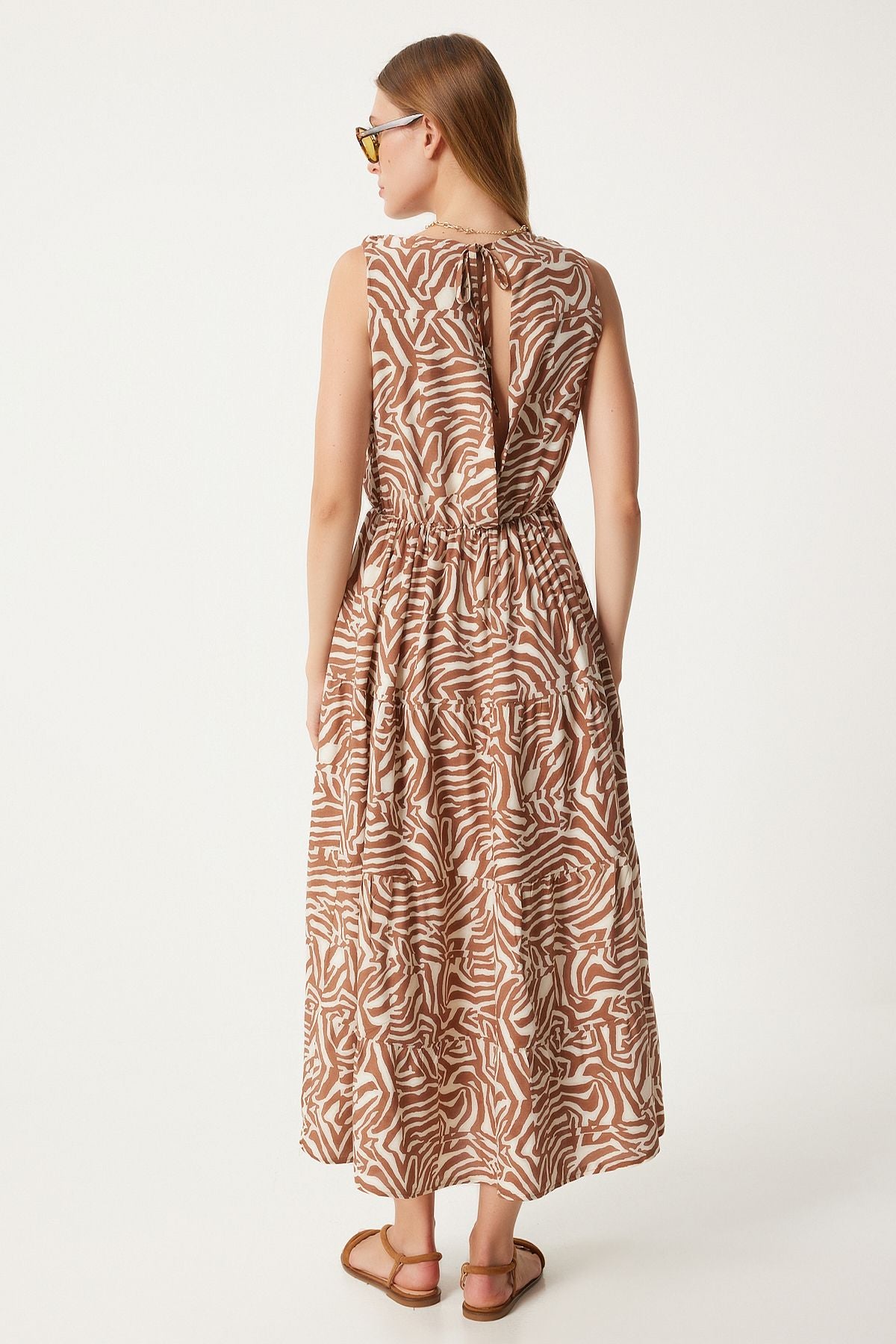 Women's Cream Brown Pattern V -neck Summer Viscose Dress CI00110