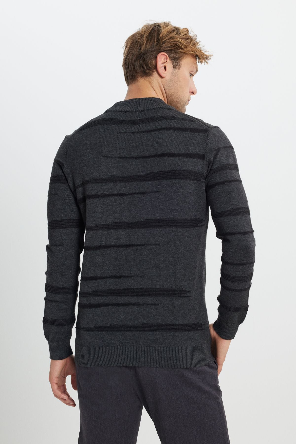 Men's anthracite-melanj 100 %cotton standard fit normal cut half fisherman collar knitwear sweater