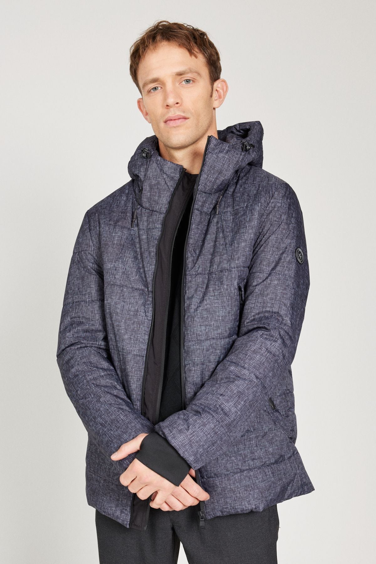 Men's anthracite standard fit normal cutting hooded patterned coat