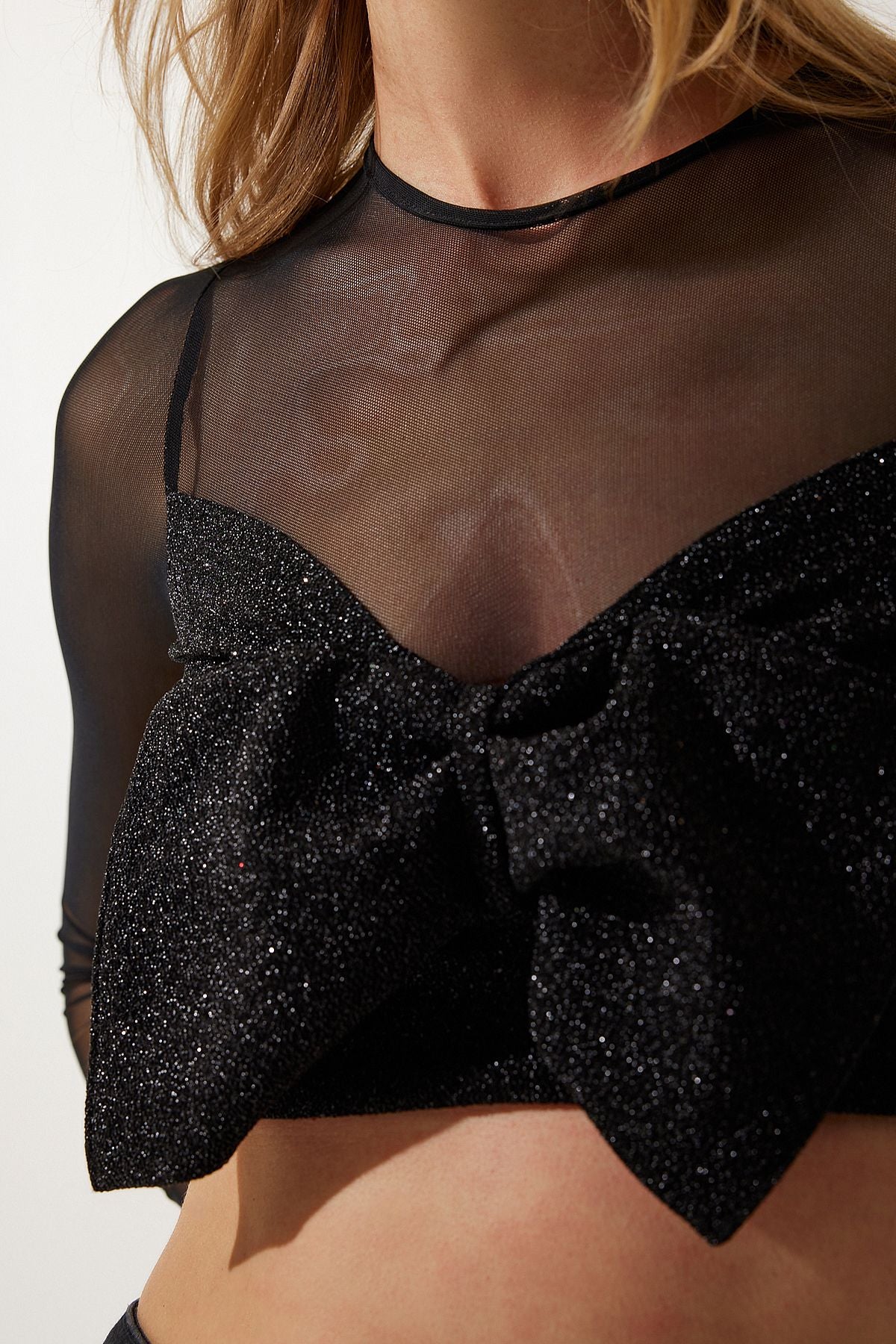 Women's Black Bow Detail Transparent Crop blouse WF00065